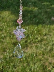 Handmade Clear & Pink Crystal Suncatcher Ornament Silver Sun Beaded In/Outdoor
