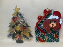 1980s Christmas Santa Puppy Dog & Christmas Tree Stained Sun Catcher Hanging