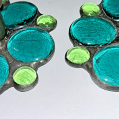 Vintage Fused Glass Handmade Green Aqua Round Marble Candle Stick Holders
