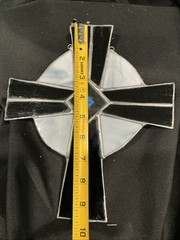 Vintage Stained Glass Cross Suncatcher Red, Gray Slag Glass Beveled Ctr Hanging