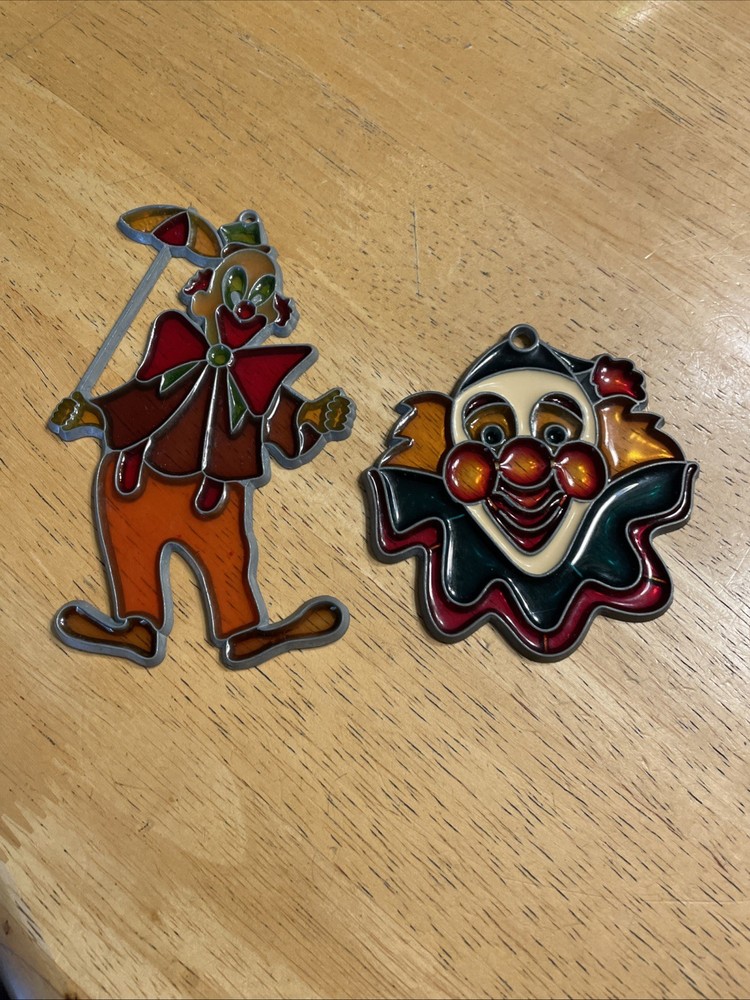 Pair Stained Glass Suncatcher Window Hanging Clowns Multi Colored