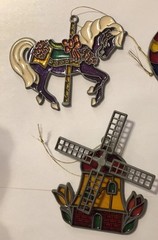 2 Stained Glass Suncatcher Ornaments Windmill + Carousel Horse