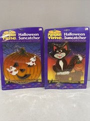 Vintage New Halloween Suncatcher Pumpkin & Cat Window Decor Ornament Plastic