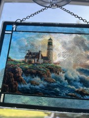 Vintage Thomas Kinkade Stained Glass LIGHT IN THE STORM 5”x6.25” Lighthouse
