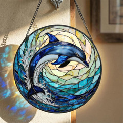 Dolphin Stained Glass Hanging Coastal Ocean Wave Window Decor