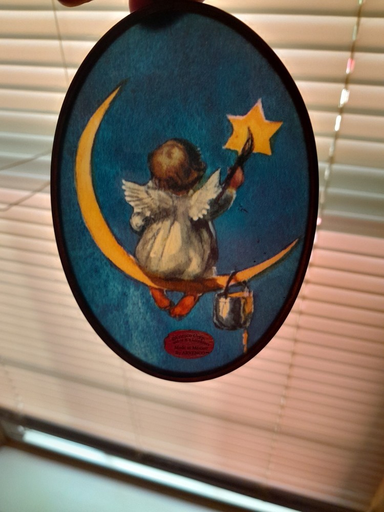 Vintage 1995 Enesco Via Vermont “Cherub Painting Star” Oval Glass Art Catcher