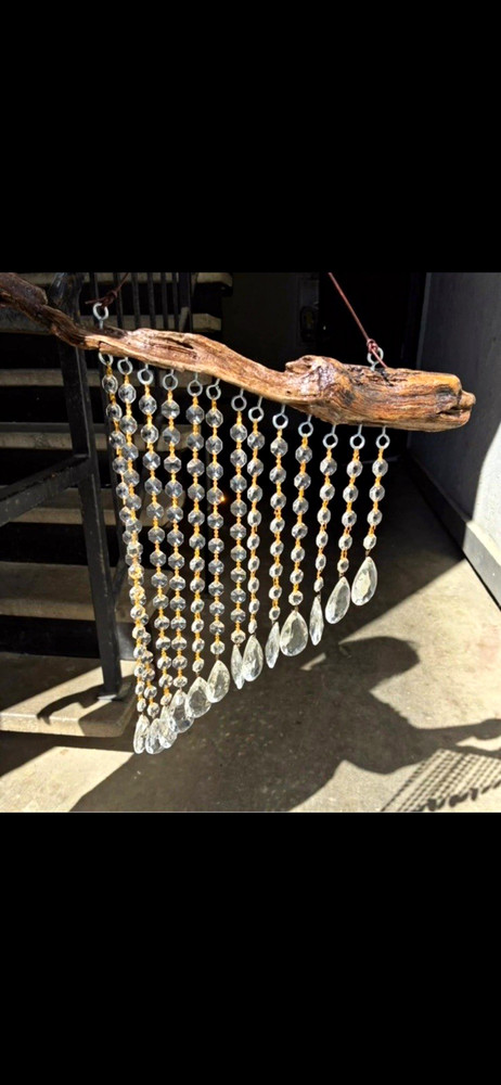 Hanging Driftwood & Crystal Suncatcher Art. Beaded Teardrop Prism Slide