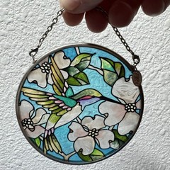 Vintage AMIA 3.5″ Hand Painted Stained Hummingbird And Flowers Glass Sun Catcher