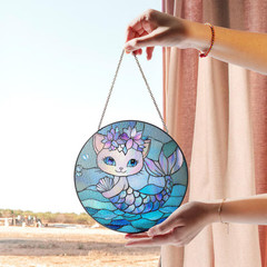 Cute Mermaid Cat Stained Glass Suncatcher, Fantasy Ocean Window Art