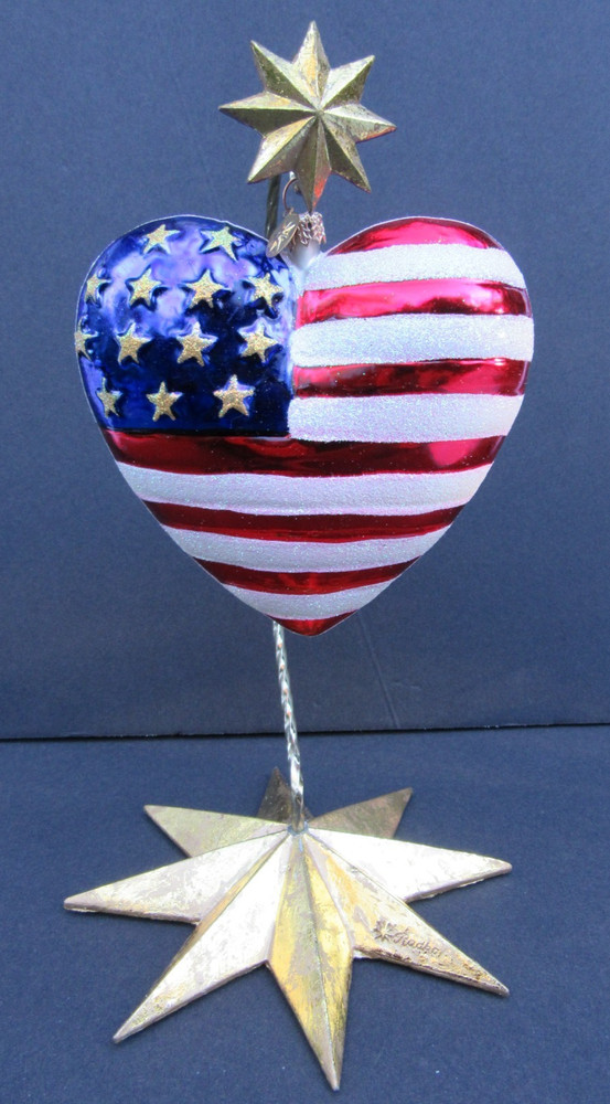 Christopher Radko Brave Heart American Flag Ornament w/ Star Base Display Stand