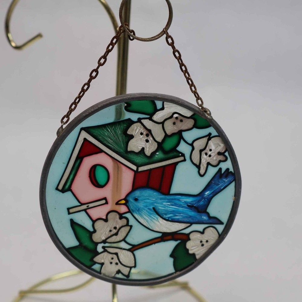 Vintage Stained Glass Bluebird Birdhouse Suncatcher Hanging Panel 3.5 Inch