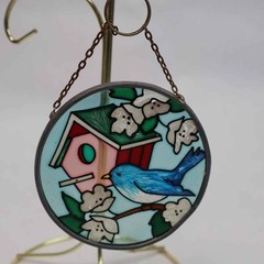 Vintage Stained Glass Bluebird Birdhouse Suncatcher Hanging Panel 3.5 Inch