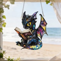 Cute Dragon Reading Book Acrylic Suncatcher Sun Catcher Window Ornament Fantasy