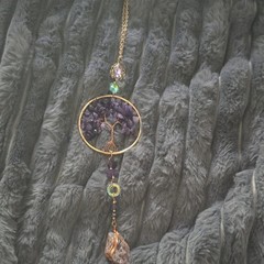 Tree of Life Beaded Metal Crystal Suncatcher, Gold Purple Green Orange