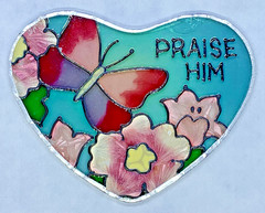 Suncatcher Praise Him Butterfly and Flower Design Heart Shaped Glass and Metal