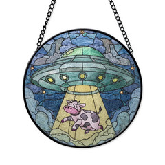 Funny UFO Cow Abduction Stained Glass Suncatcher, Alien Spaceship Farm Animal