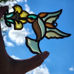 Vtg Hummingbird Flower Suncatcher Faux Stained Glass Glitter Acrylic Window Art