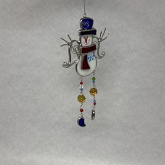 Stained Glass Suncatcher Window Hanging Decor Christmas Snowman w/ Angel Wings