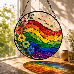 LGBTQ Rainbow Suncatcher Stained Glass, Colorful Floral Window Hanging Art, Prid