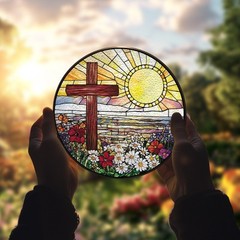 Christian Cross Stained Glass Suncatcher, Floral Sunrise Window Hanging