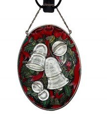 Amia Denver Stained Glass Christmas Silver Bells Handpainted Sun Catcher 7” x 5”