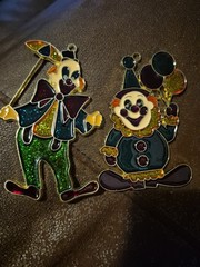 Pair Stained Glass Suncatcher Window Hanging Clowns Multi Colored
