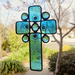 Stained Glass Teal Blue Cross Suncatcher Leaded Filigree Wire Scroll Glass Beads
