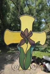 Stained Glass Cross Suncatcher Vintage Purple Iris Flower Religious 8.5″