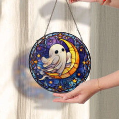 Cute Ghost Stained Glass Suncatcher, Celestial Moon Stained Glass