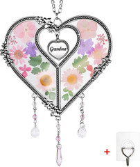 Heart Suncatcher with Pressed Flower Ornament Stained Glass Wind Chimes with Rea