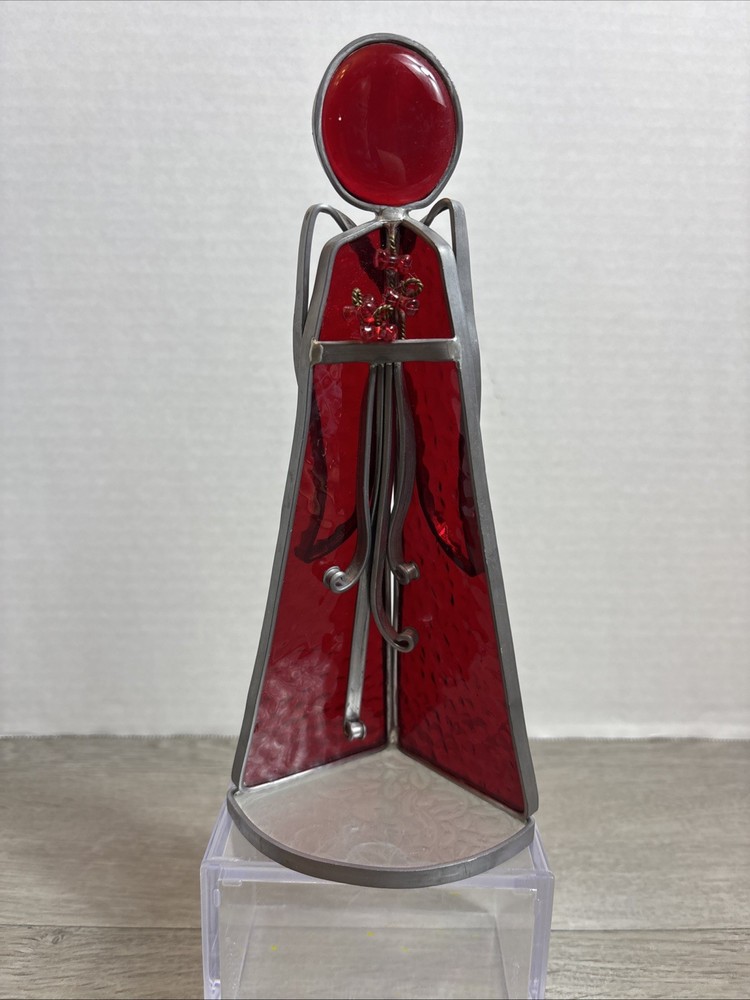 VTG Stained Glass Angel 9” Tall Suncatcher Red Holding Flowers Wings