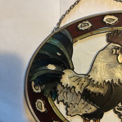 Joan Baker Designs Hand Painted Stained Glass Speckled Chickens Rooster VTG