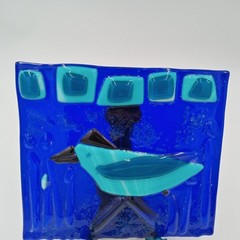 Abstract Blue Bird Fused Glass Art Suncatcher Tile Sculpture OOAK Collectible