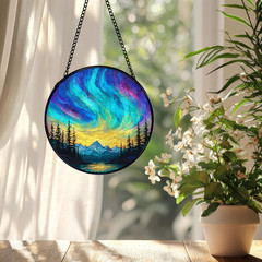 Stunning Aurora Borealis Stained Glass Suncatcher Window Hanging Art Home Decor