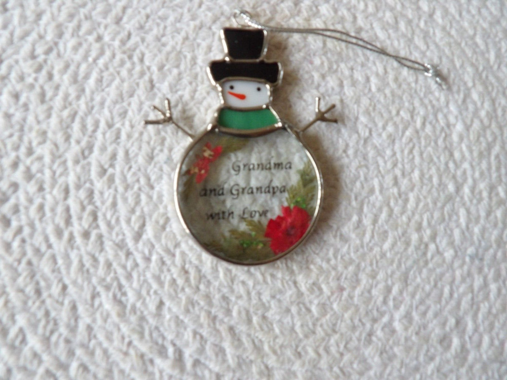 Vintage Stained Glass Suncatcher Christmas Snowman Grandma and Grandpa With Love