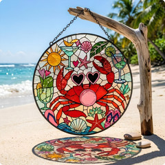 Coastal Beach Ocean Wave Stained Glass Suncatcher Seashell Crab Window Hanging