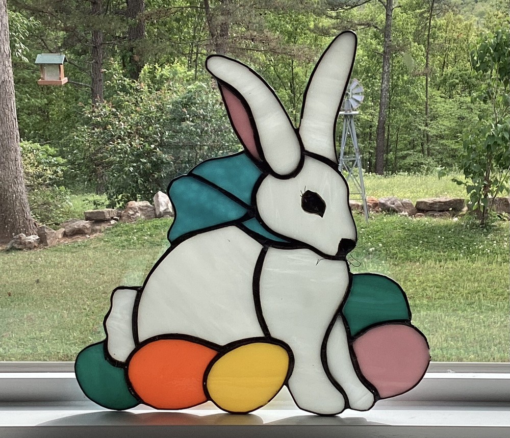 Vtg Stained Glass Bunny With Multicolored Eggs Sun Catcher-9” Tall