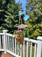 Handmade Beaded Forever Plant Suncatcher Hanging Ornament red flowers black wire