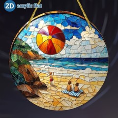 Kids Playing On Sunny Beach Colorful Beach Coastal Cliffs Acrylic Suncatcher