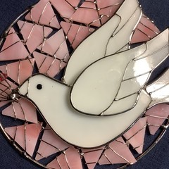 5-1/4” inch Artisan Stained Glass Hanging Suncatcher Dove With Stem Of Berries