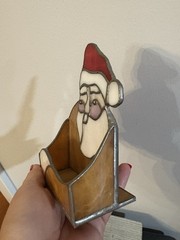 Stained Glass Metal Santa Face Christmas Box Planter Card Holder Candle Vtg