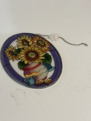 Hand-Painted Stained Glass Sunflower Panel – 7×5” – With Hanging Chain and Tag