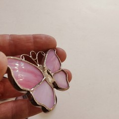 Stained Glass Pink Butterfly Leaded Sun Catchers Window Hanging VTG Set Of 2