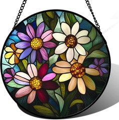 Stained Glass Window Hanging – Colorful Daisies Suncatcher for Door Garden Patio
