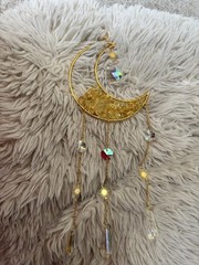 Gold Metal Crescent Moon Hanging Suncatcher w/ Clear & Multicolor Crystal Prisms