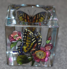 #5302 BUTTERFLY&FLOWERS HAND PAINTED GLASS CANDLE VOTIVE DECOR SMALL