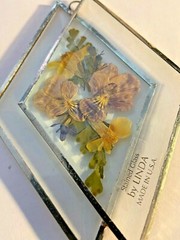 Double Diamond Glass Light catcher by Linda Hangs & dried flowers in purple yell