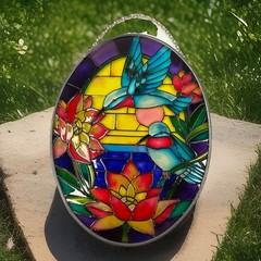 Joan Baker Designs Handpainted Stained Glass Hummingbird Suncatcher Metal Frame