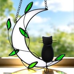 Green Leaf Moon Cat Lantern: Outdoor Hanging Pendant for Windows & Doors