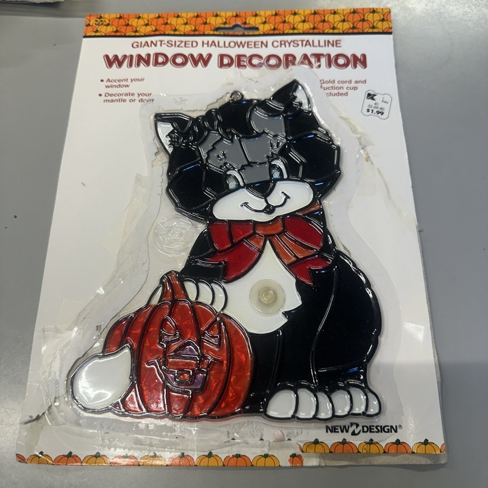 Vintage Giant-Sized Halloween Crystalline Cat & Pumpkin Window Decoration